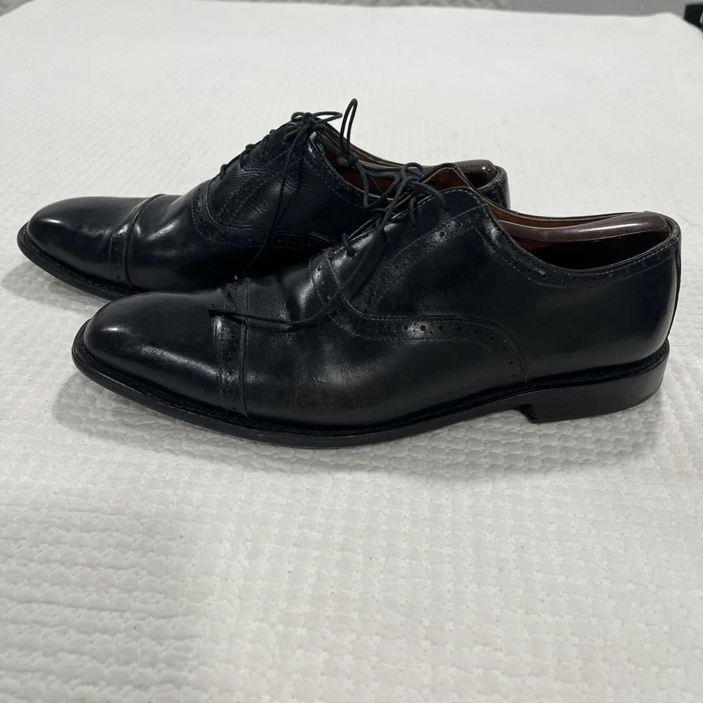 Allen Edmonds Mens Evanston Black 9.5 D Leather Cap Toe Brogue Oxford Dress Shoe